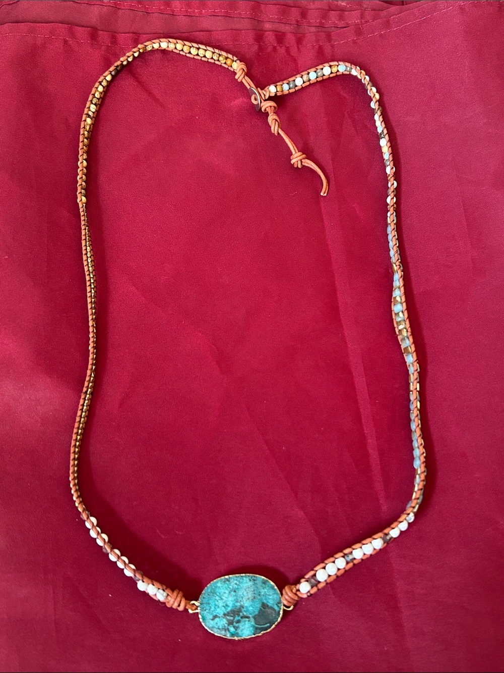 Chrysocolla Stone Beaded Leather Necklace - Blue